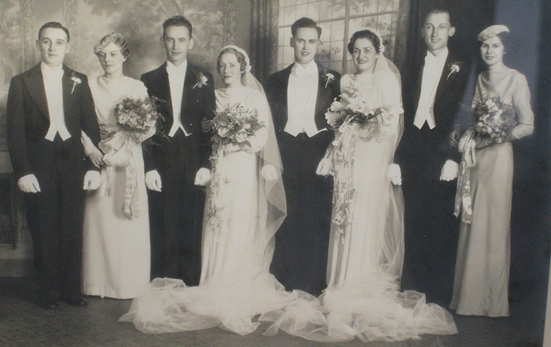 Portrait of four bridal couples on wedding day.