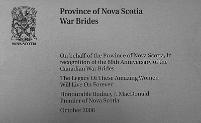 Province of Nova Scotia War Brides plaque